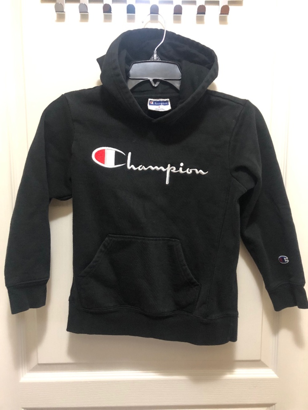Kids Small Black Hoodie Champion embroidered logos kangaroo pocket
